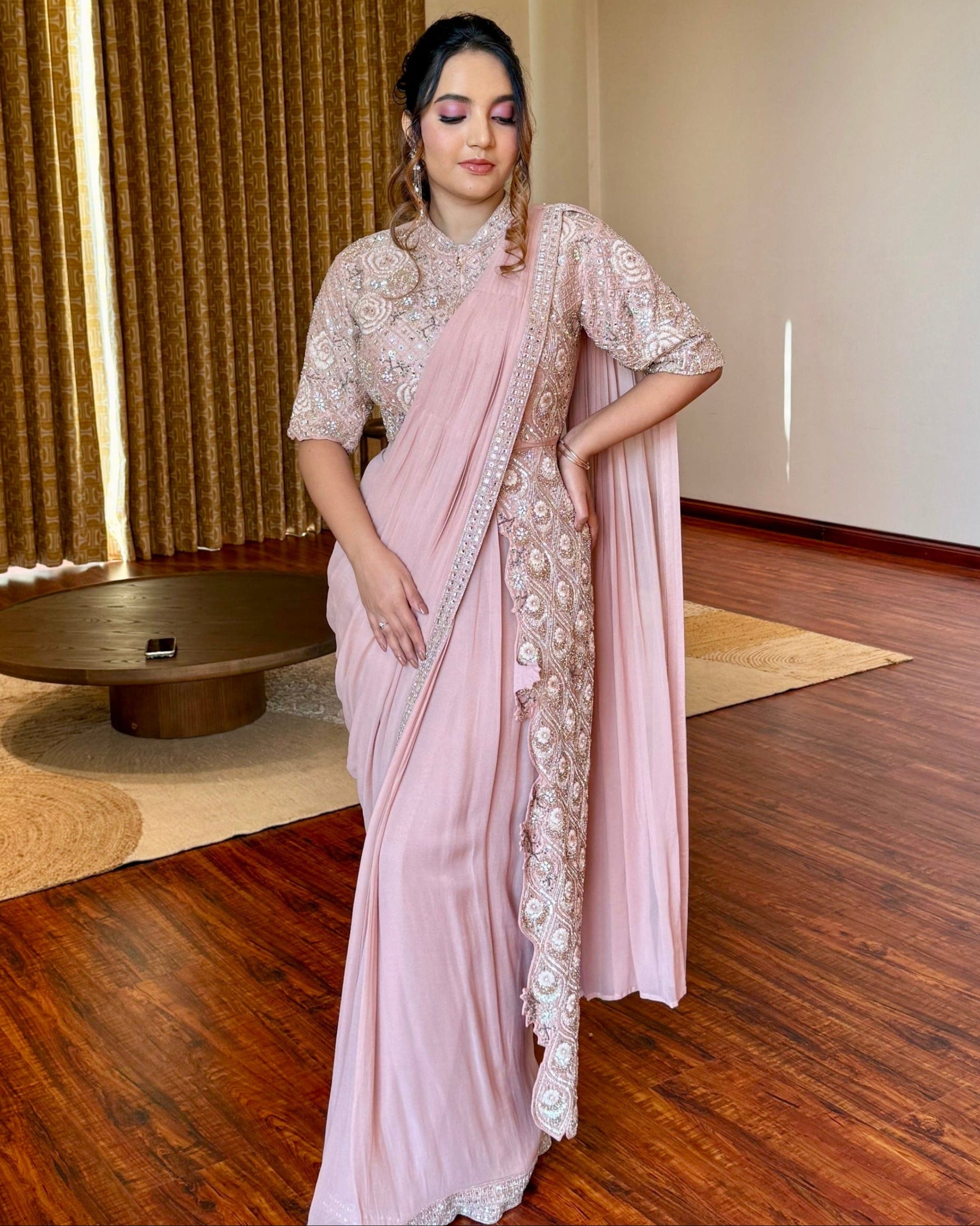 Blush Pink Embellished panel Saree