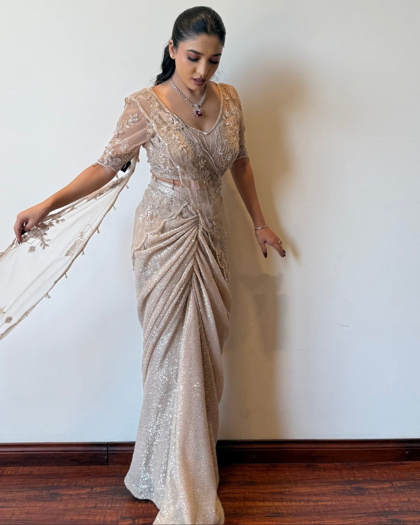Champagne Shimmer Drape Saree