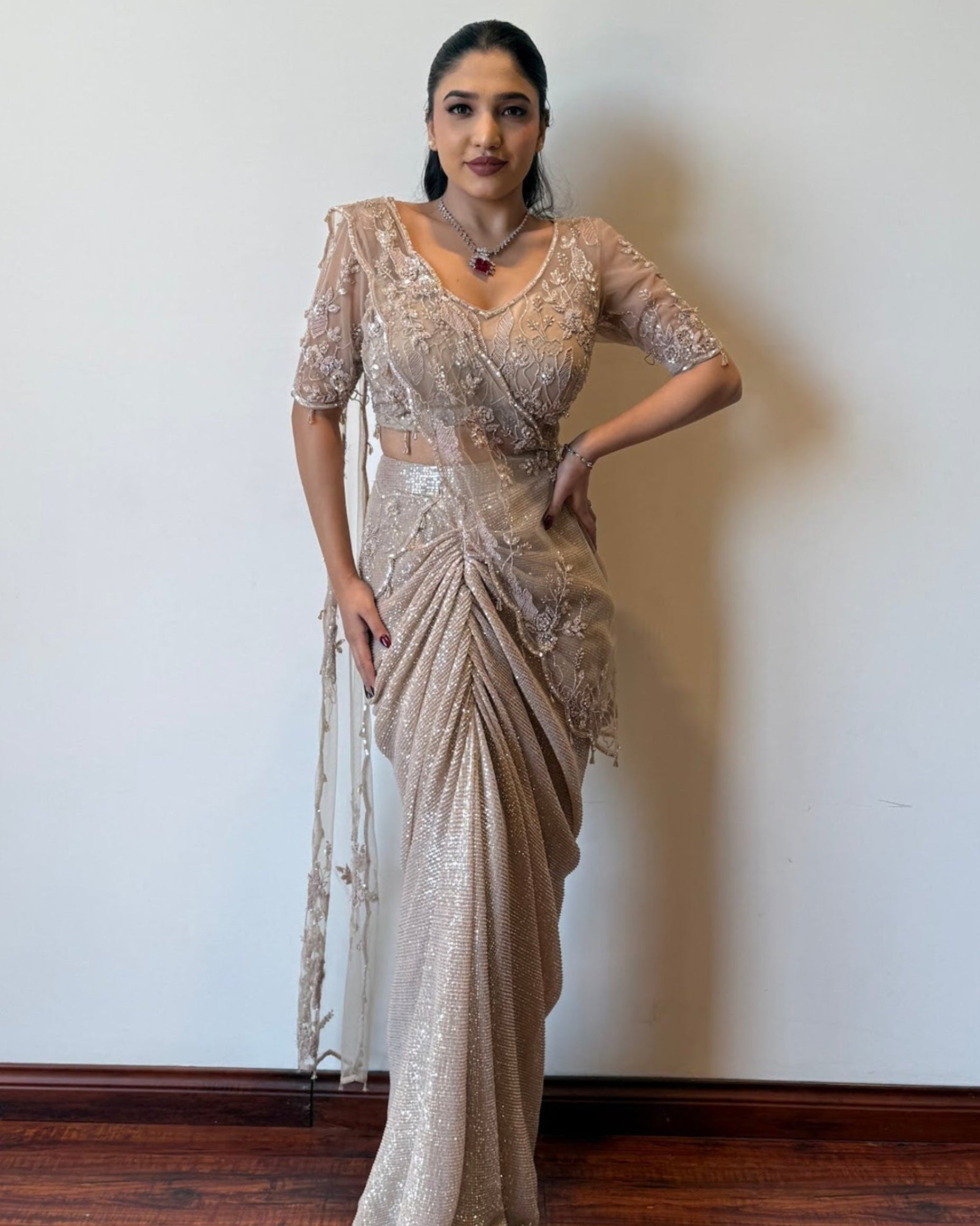 Champagne Shimmer Drape Saree