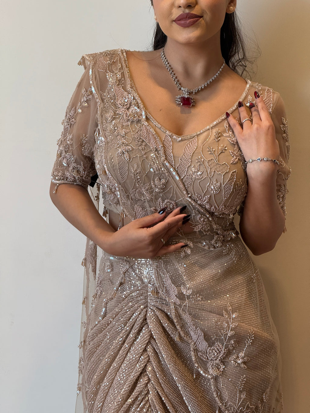 Champagne Shimmer Drape Saree
