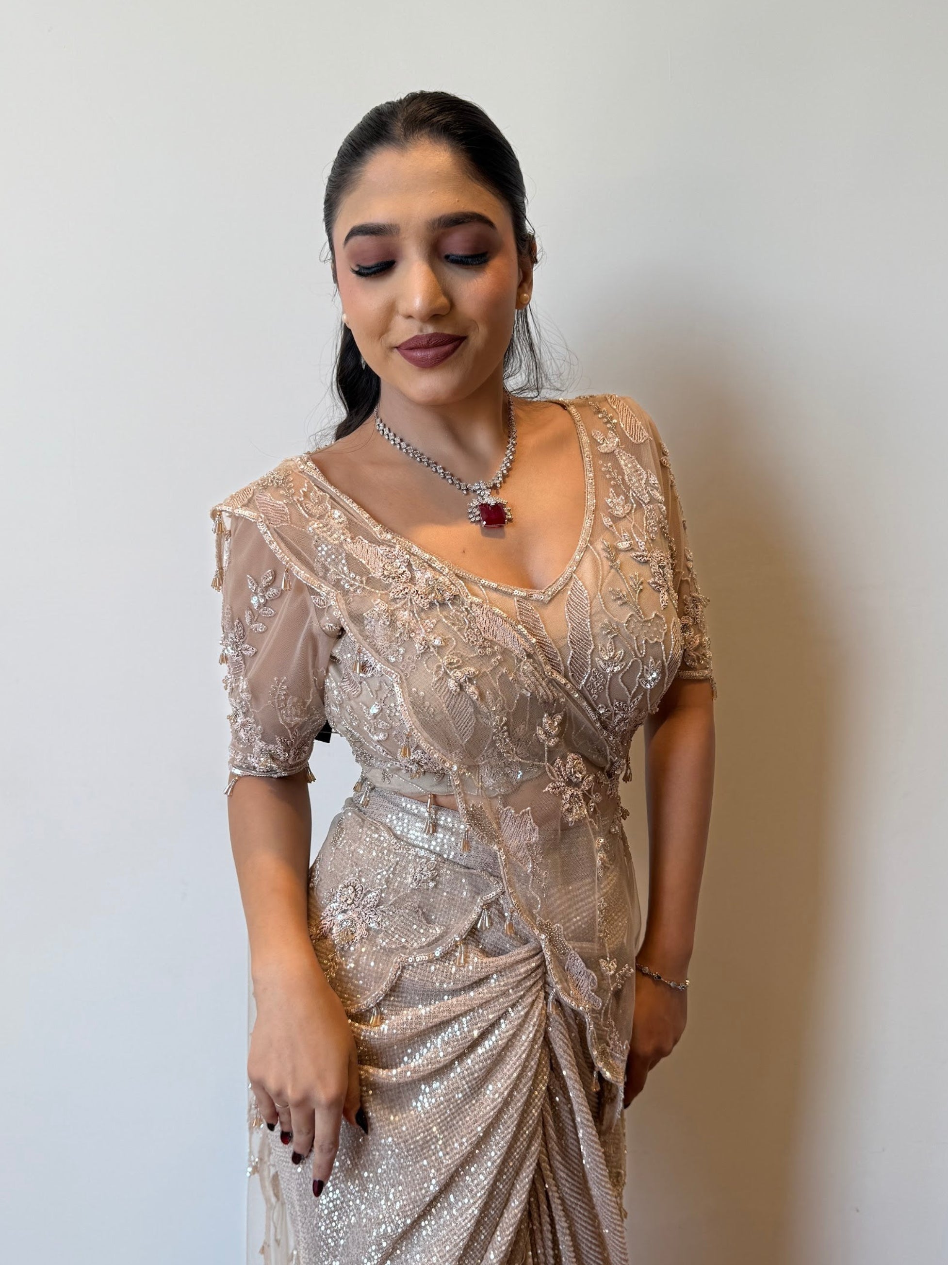 Champagne Shimmer Drape Saree