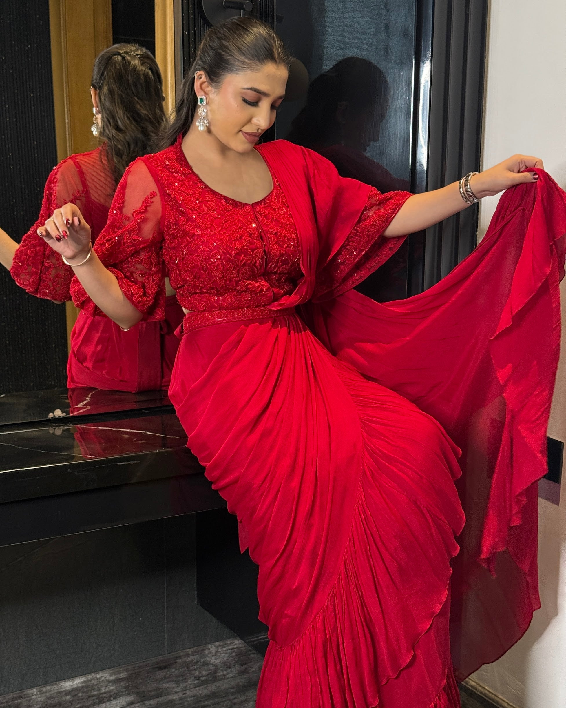 Ruby Red Ruffle Saree