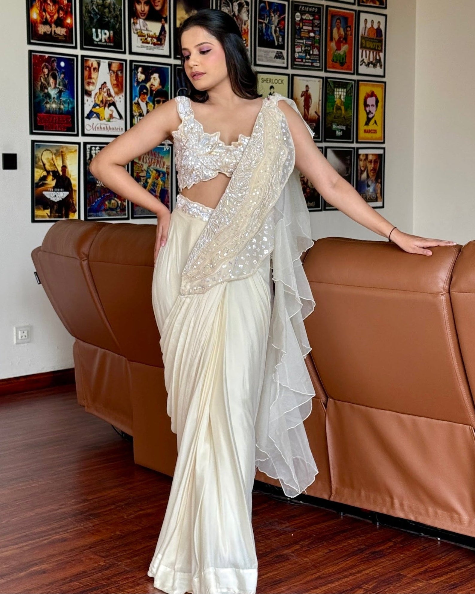 Ivory Ruffle Drape Saree