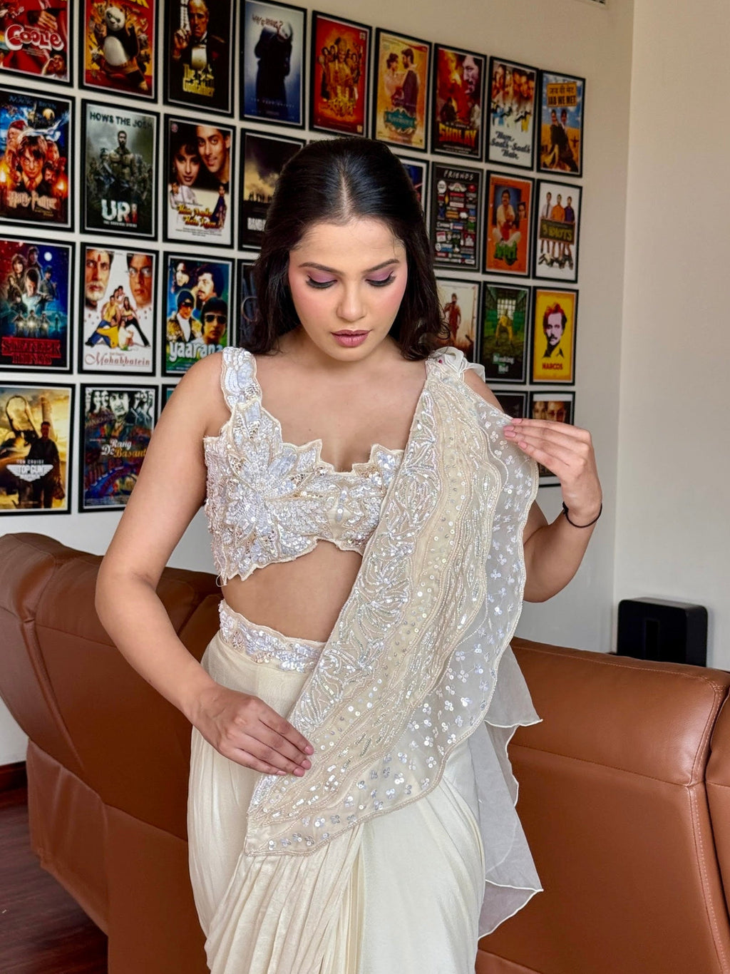 Ivory Ruffle Drape Saree