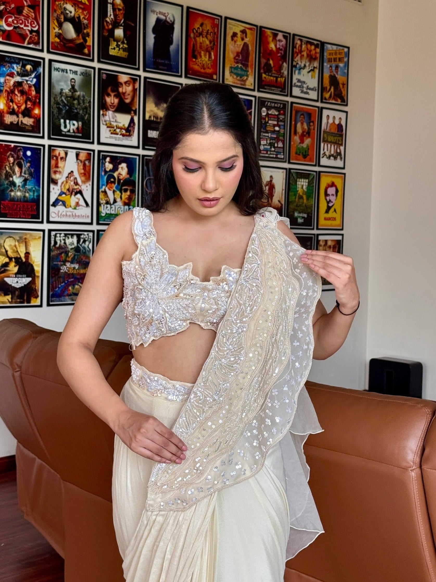 Ivory Ruffle Drape Saree