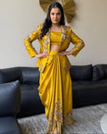 Mustard Floral Jacket Drape Set