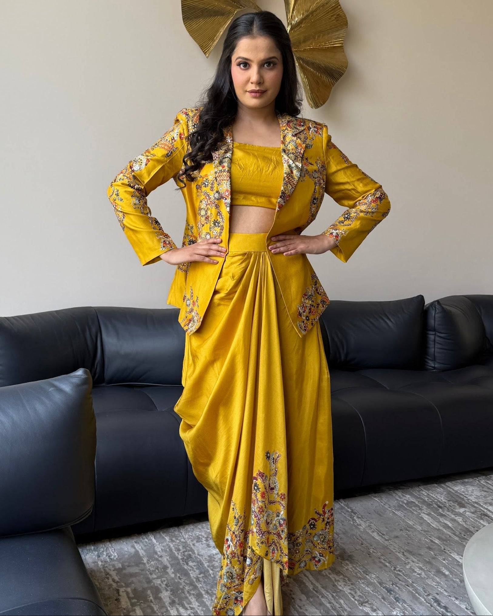 Mustard Floral Jacket Drape Set