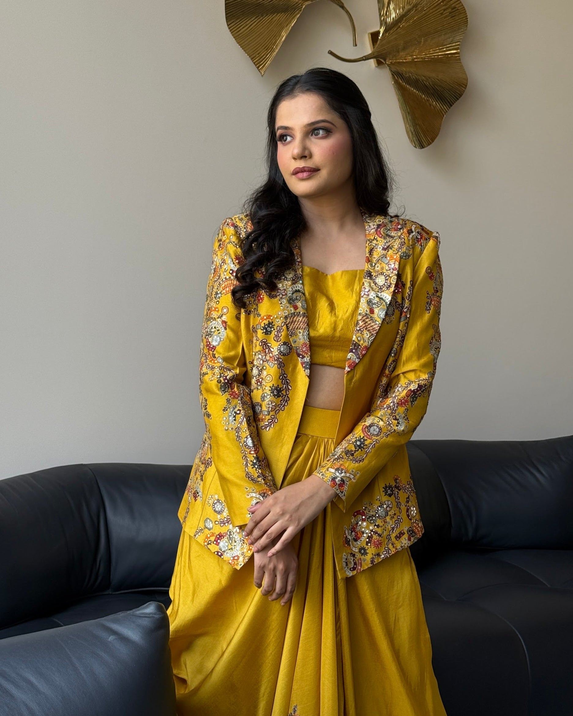 Mustard Floral Jacket Drape Set