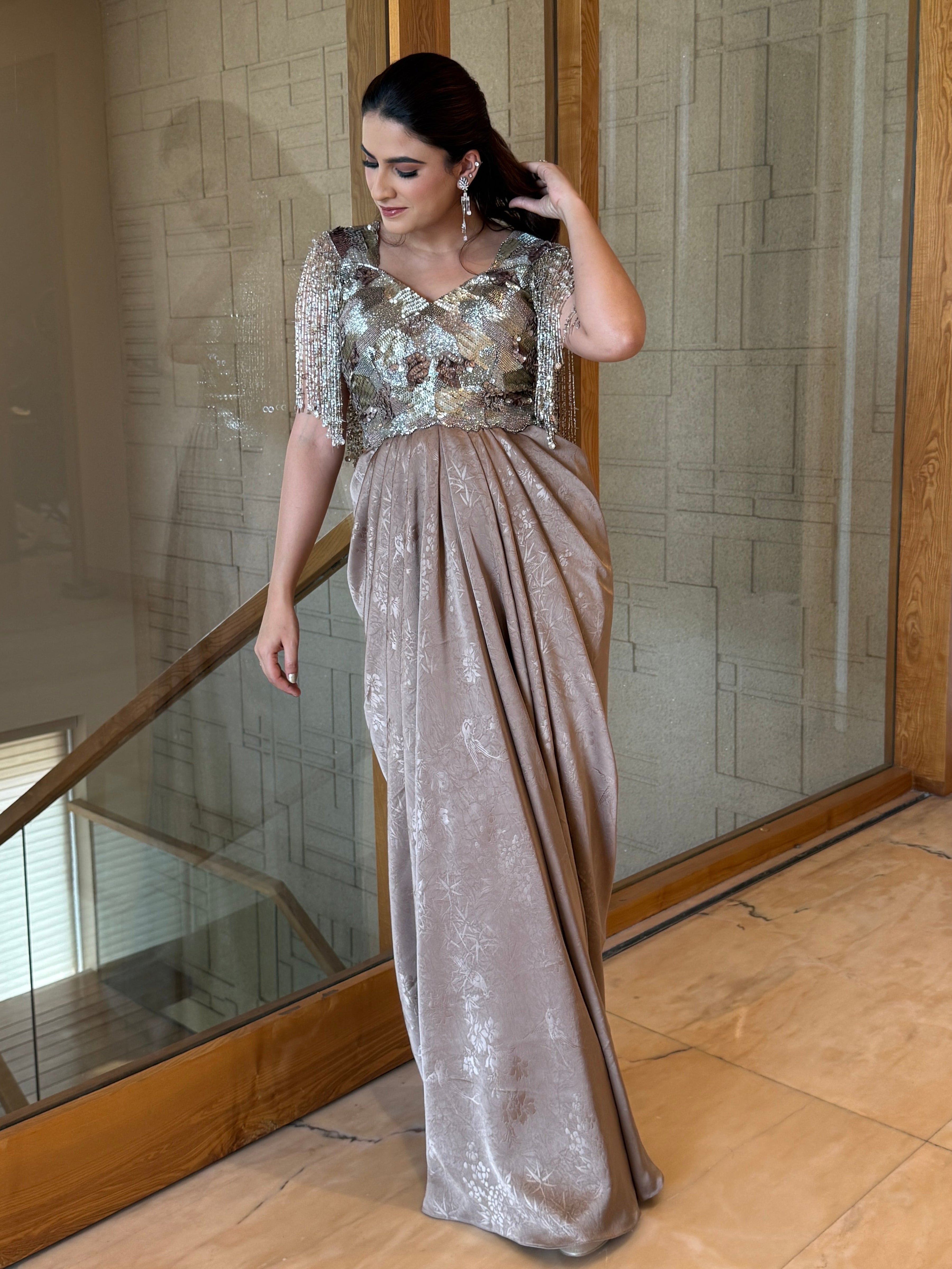 Taupe Metallic Drape Gown