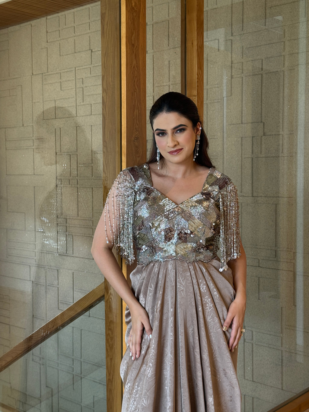Taupe Metallic Drape Gown