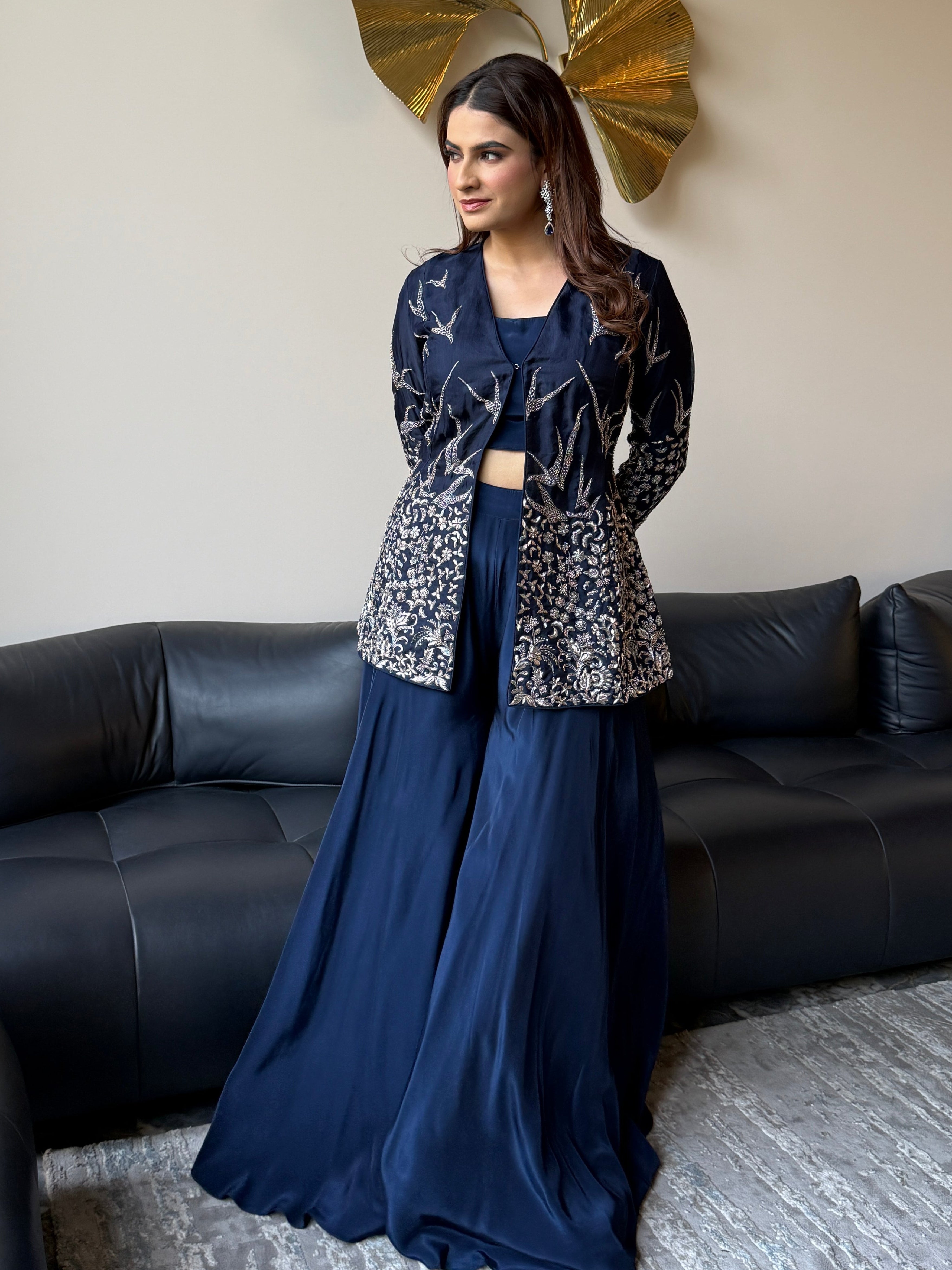 Midnight Blue Embroidered Jacket Set