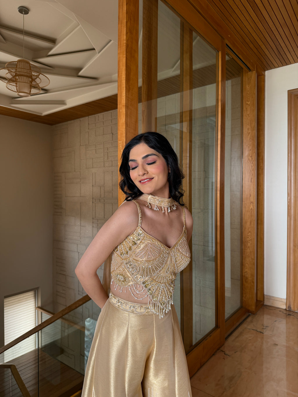 Champagne Gold Embellished Palazzo Set