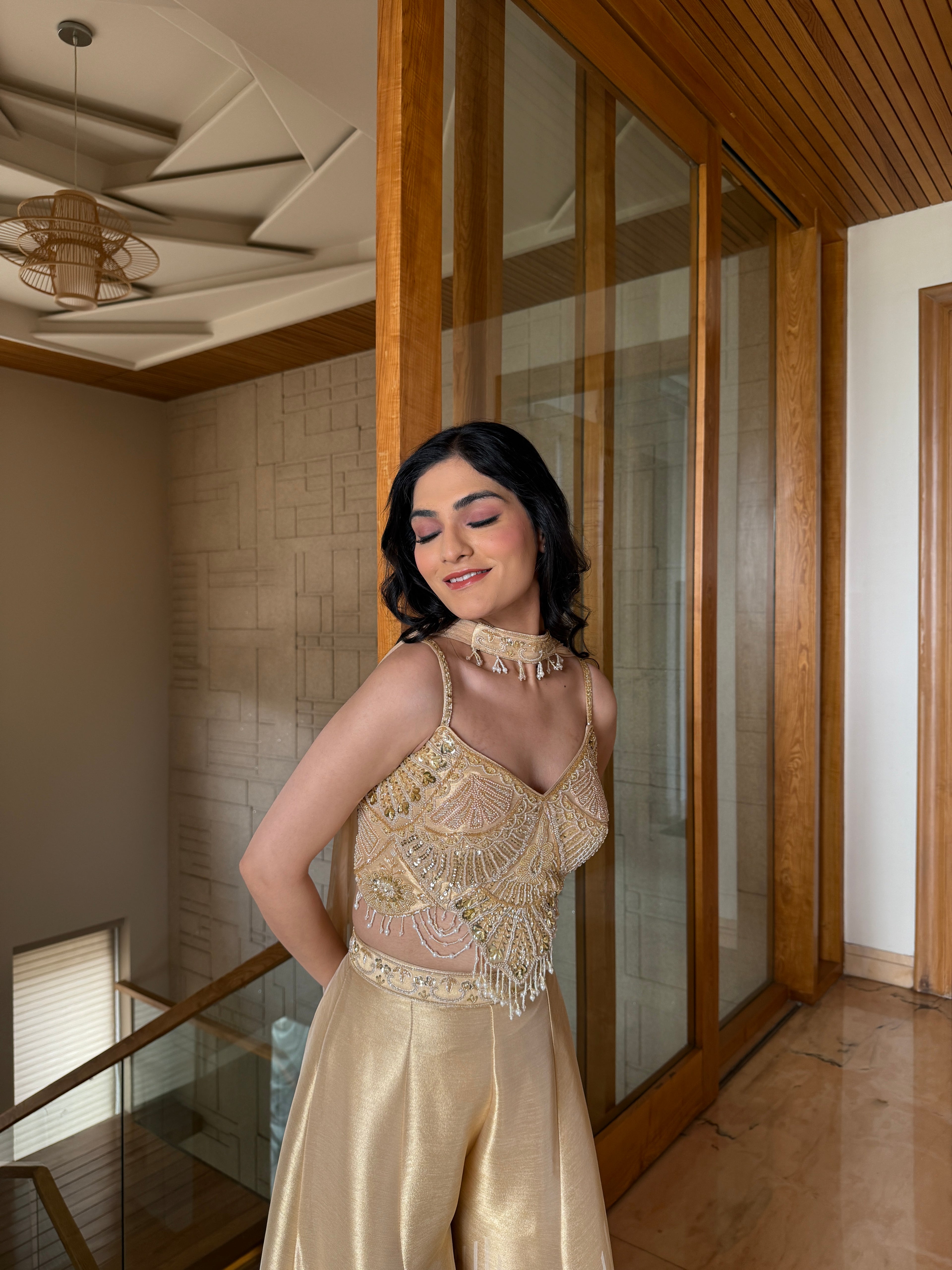 Champagne Gold Embellished Palazzo Set