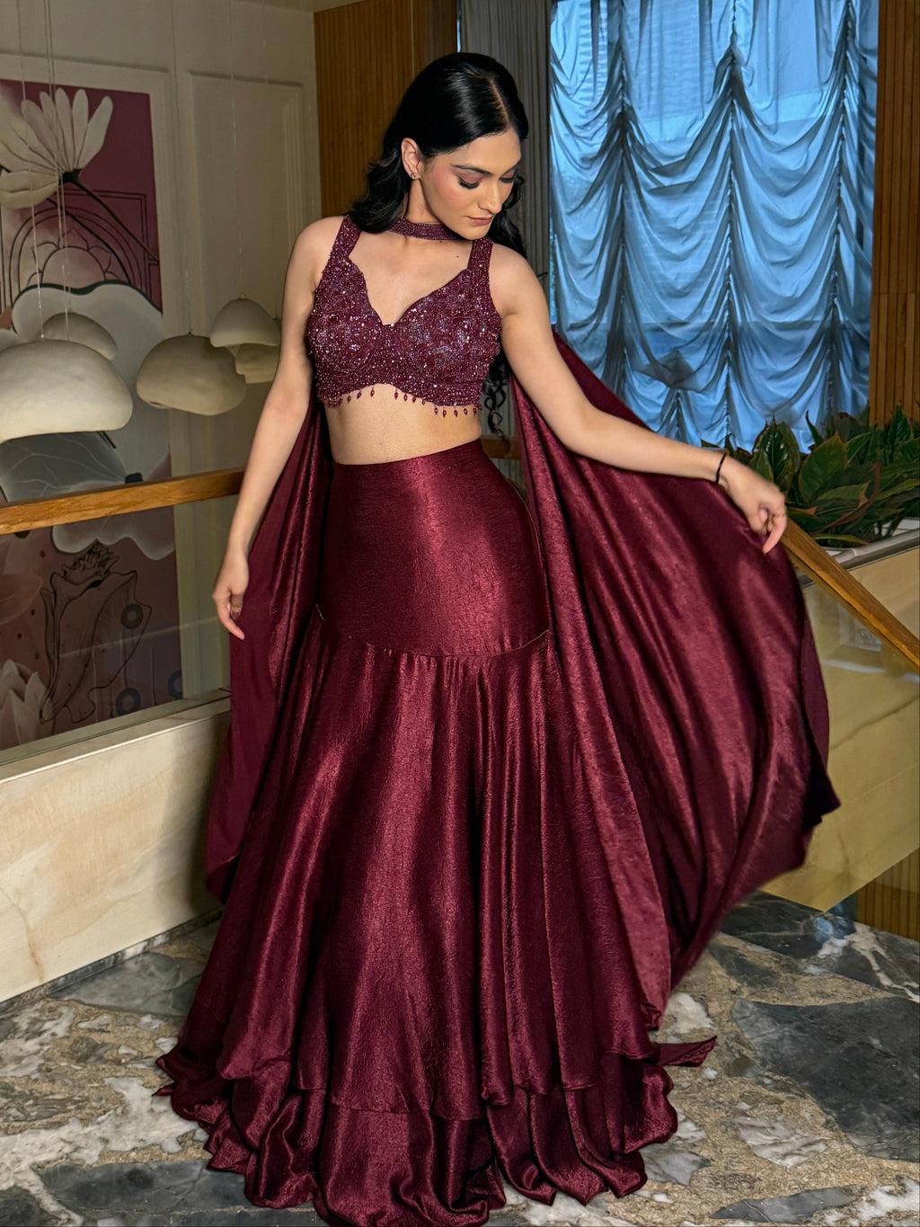 Burgundy Luxe Ruffle Lehenga Set