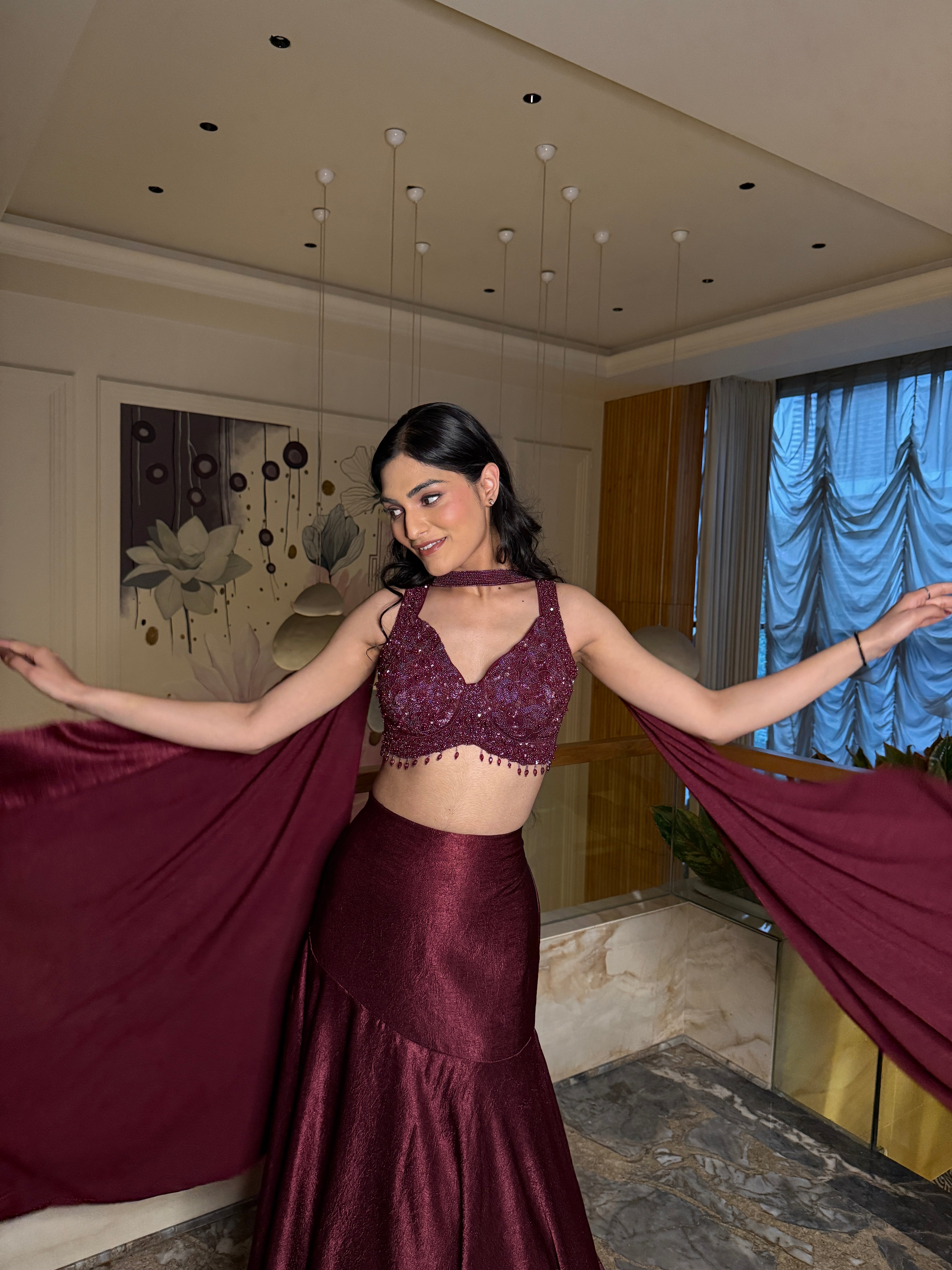 Burgundy Luxe Ruffle Lehenga Set