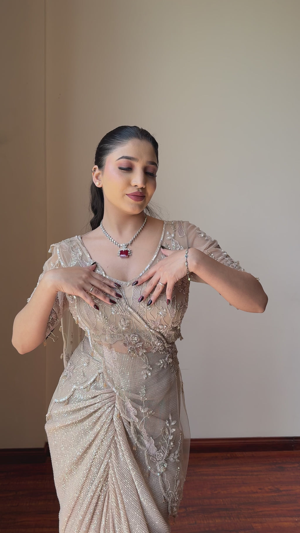 Champagne Shimmer Drape Saree