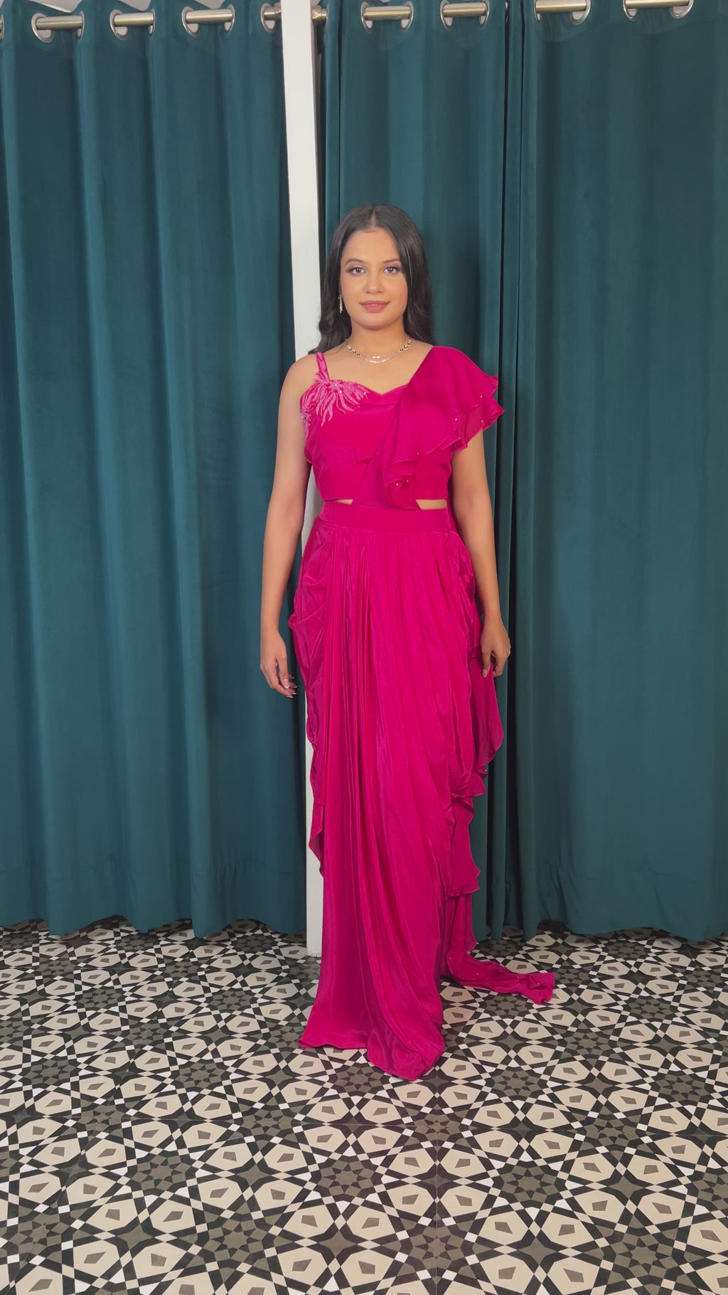 Fuchsia One-Shoulder Drape Saree