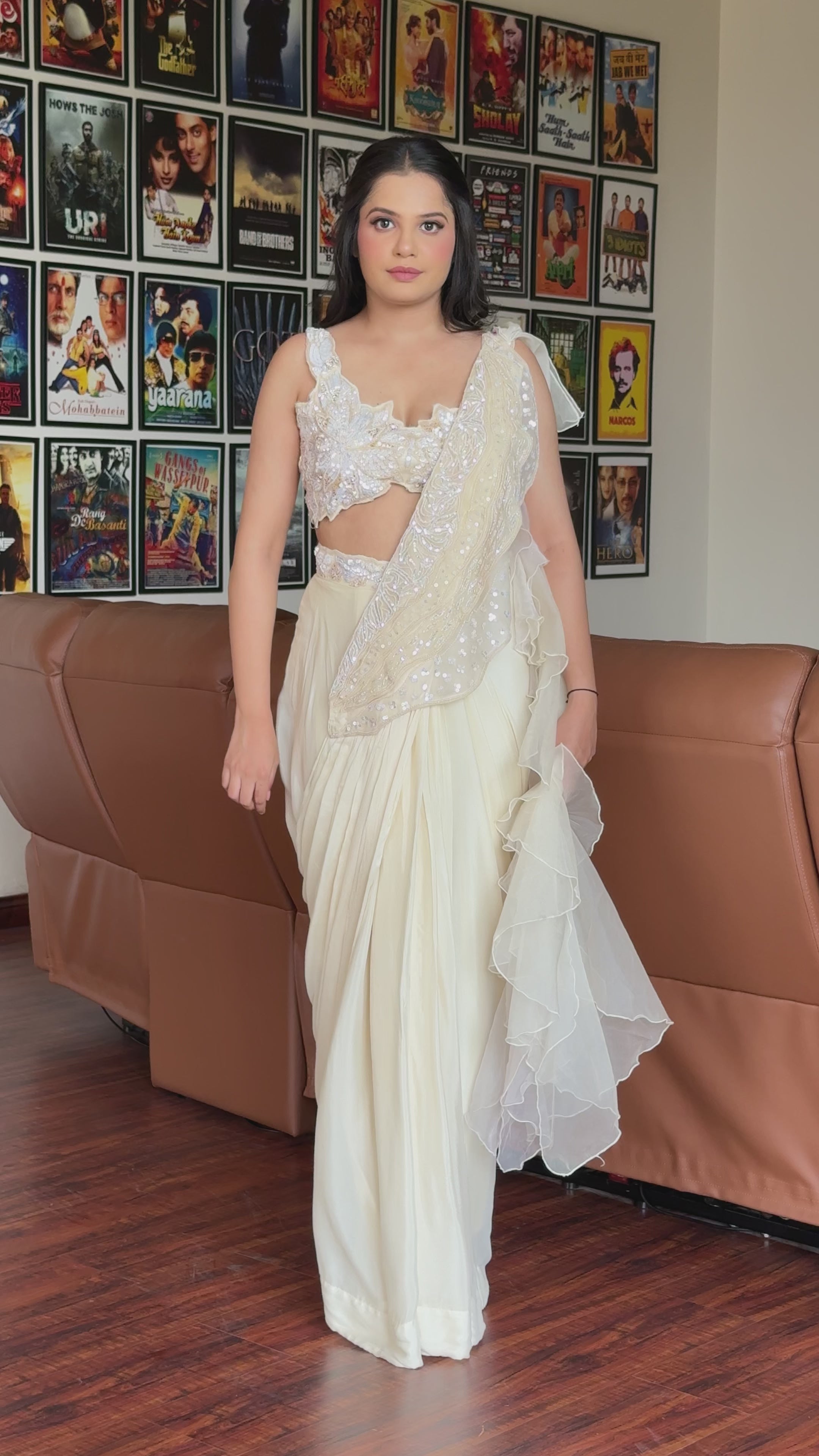 Ivory Ruffle Drape Saree